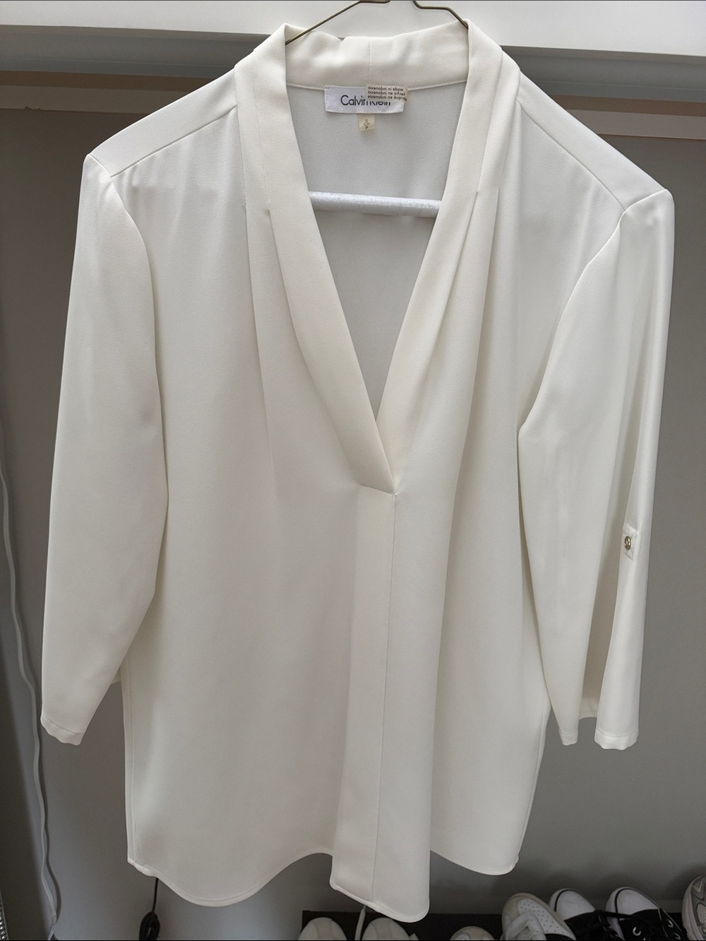 Calvin Klein Cream V-Neck Draped Blouse